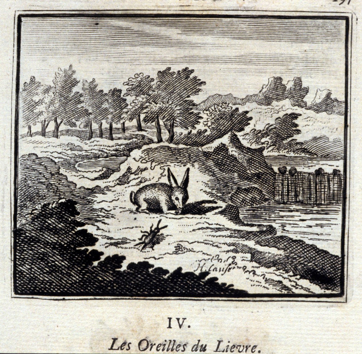 Die Ohren des Hasen. Fabeln von Jean de La Fontaine. Illustration von François Chauveau. Ausgabe von 1728. von Francois Chauveau