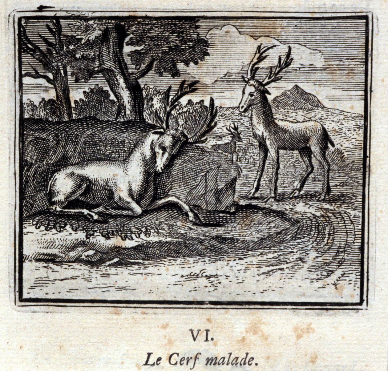 Der kranke Hirsch. Fabeln von Jean de La Fontaine. Illustration von François Chauveau. Ausgabe von 1728. von Francois Chauveau