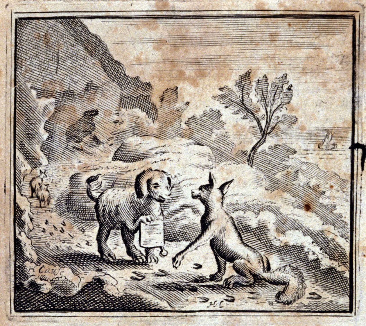 Der kranke Löwe und der Fuchs. Fabeln von Jean de La Fontaine. Illustration von François Chauveau. Ausgabe von 1728. von Francois Chauveau
