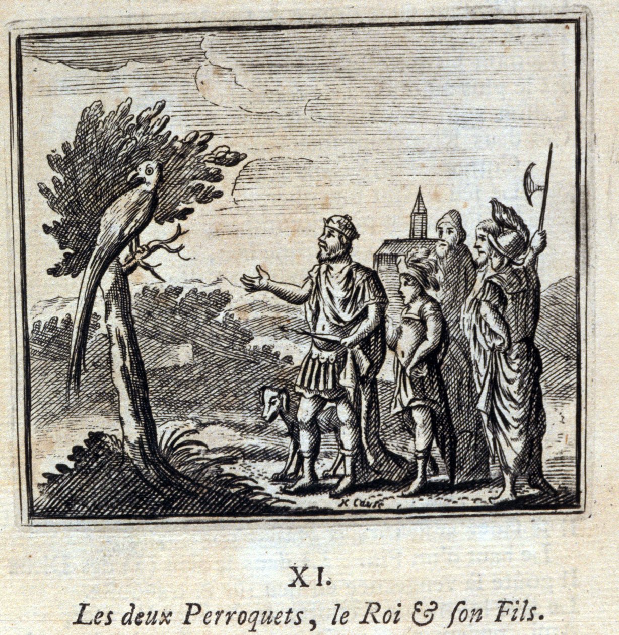 Die zwei Papageien, der König und sein Sohn. Fabeln von Jean de La Fontaine. Illustration von François Chauveau. Ausgabe von 1728. von Francois Chauveau