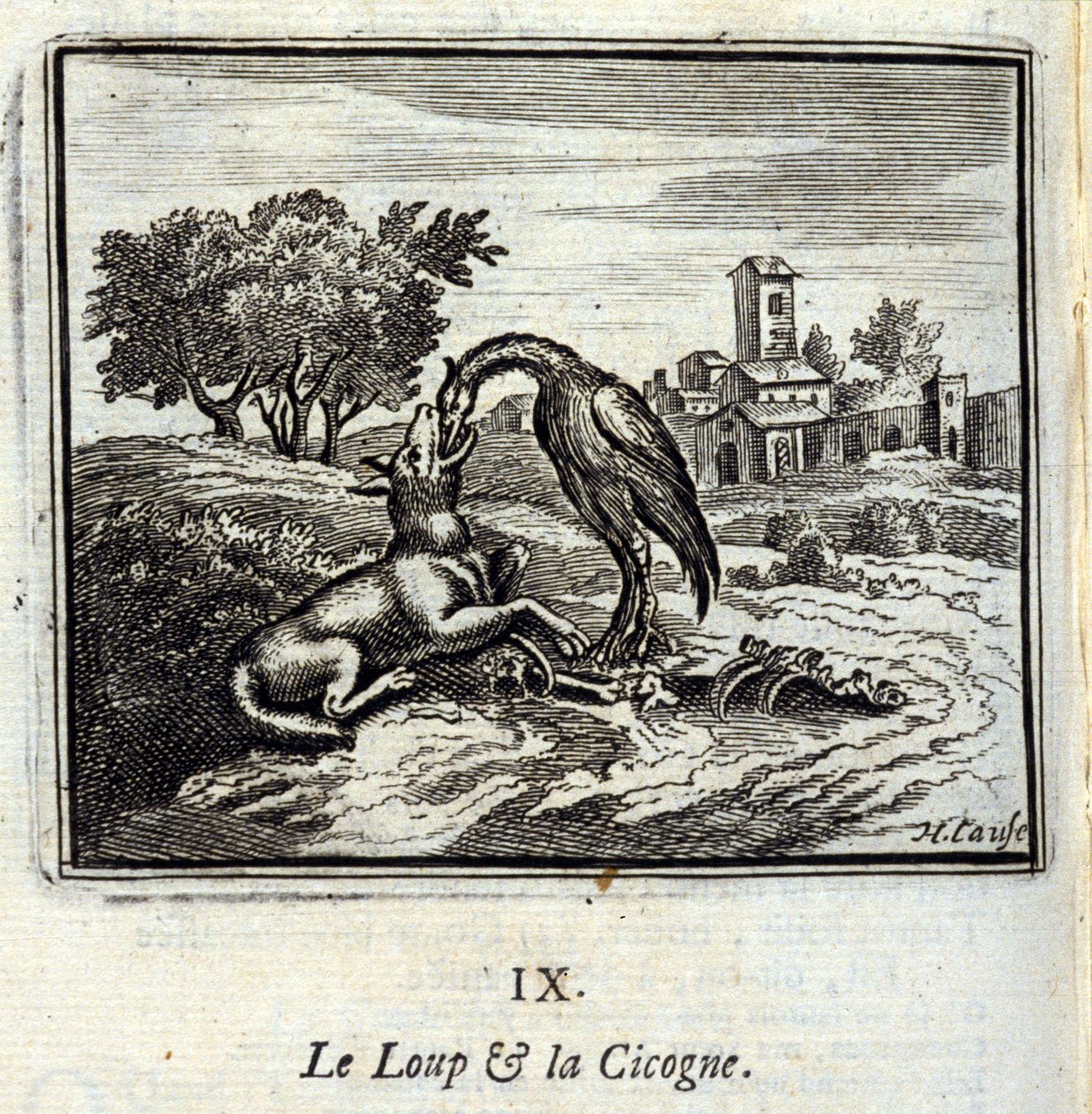 Der Wolf und der Storch. Fabeln von Jean de La Fontaine (1621-95). Illustration von François Chauveau (1613-1676). Ausgabe von 1728 von Francois Chauveau