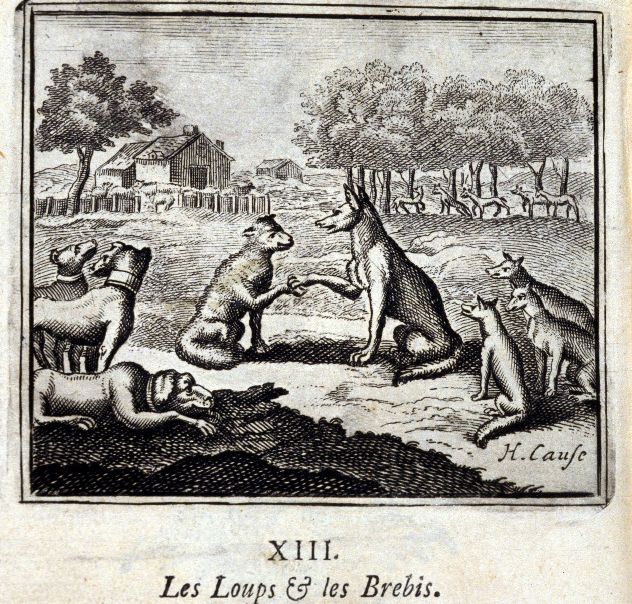 Wölfe und Schafe. Fabeln von Jean de La Fontaine. Illustration von François Chauveau. Ausgabe von 1728. von Francois Chauveau