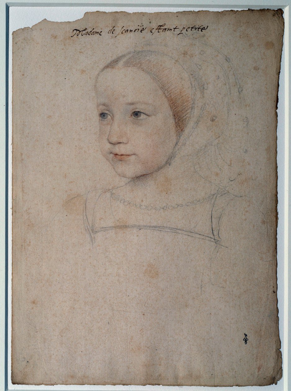 Porträt von Marguerite de France (1523-1574) als Kind, Tochter von François I., Herzogin von Savoyen. Zeichnung mit schwarzem Stein, Blut verstärkt mit Aquarell von François Clouet (1515-1572) 16. Jahrhundert. Chantilly, Musée Condé von François Clouet