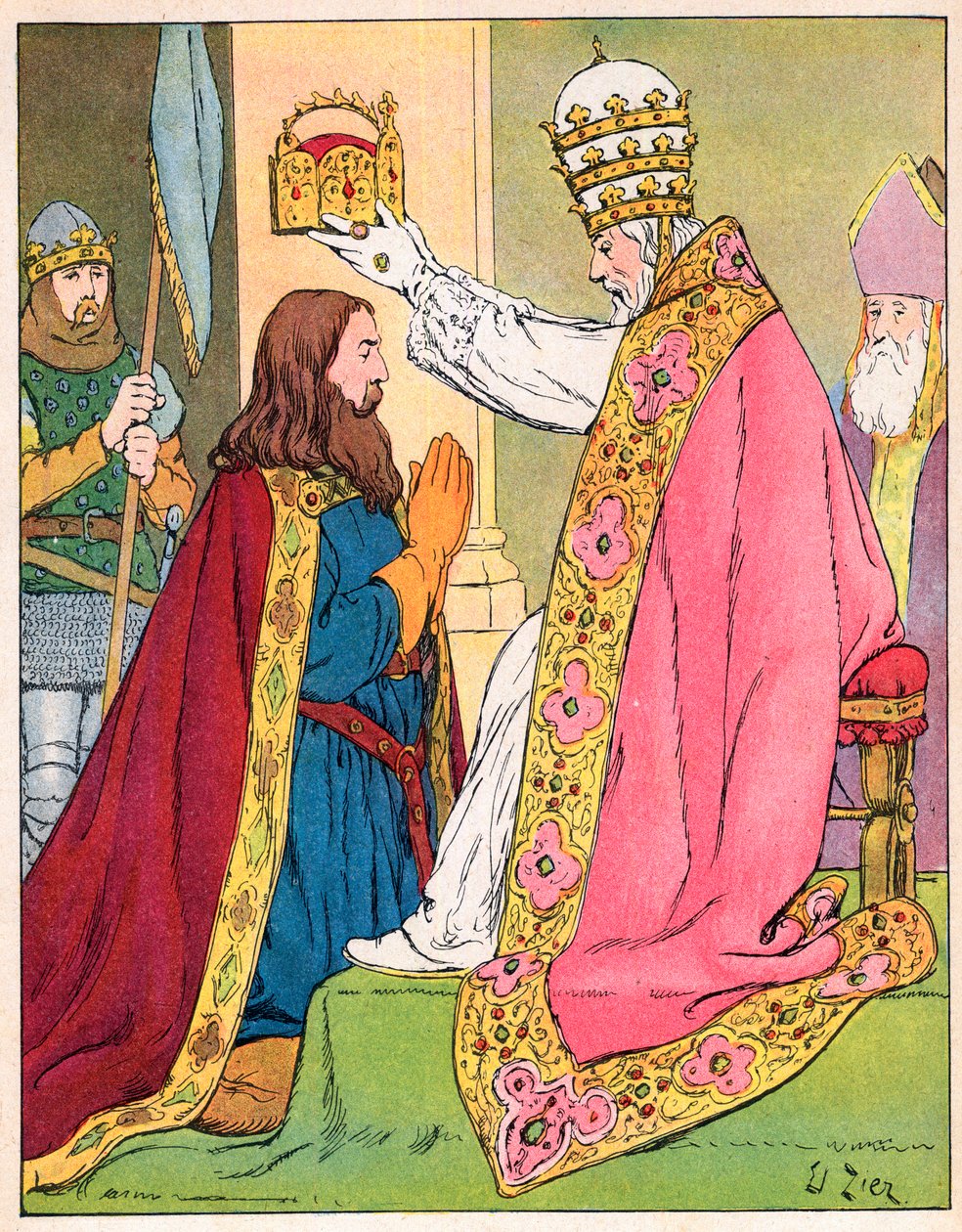 Karl der Große (742-814) gekrönt von Papst Leo III. (c750-816) in der Basilika St. Peter in Rom am 25. Dezember 800 - Heiligung (Krönung) von Karl dem Großen (742-814) im Jahr 800 durch Papst Leo III. - Illustration von François Zier (1856-1924) aus „Nos-G von Francois Edouard Zier