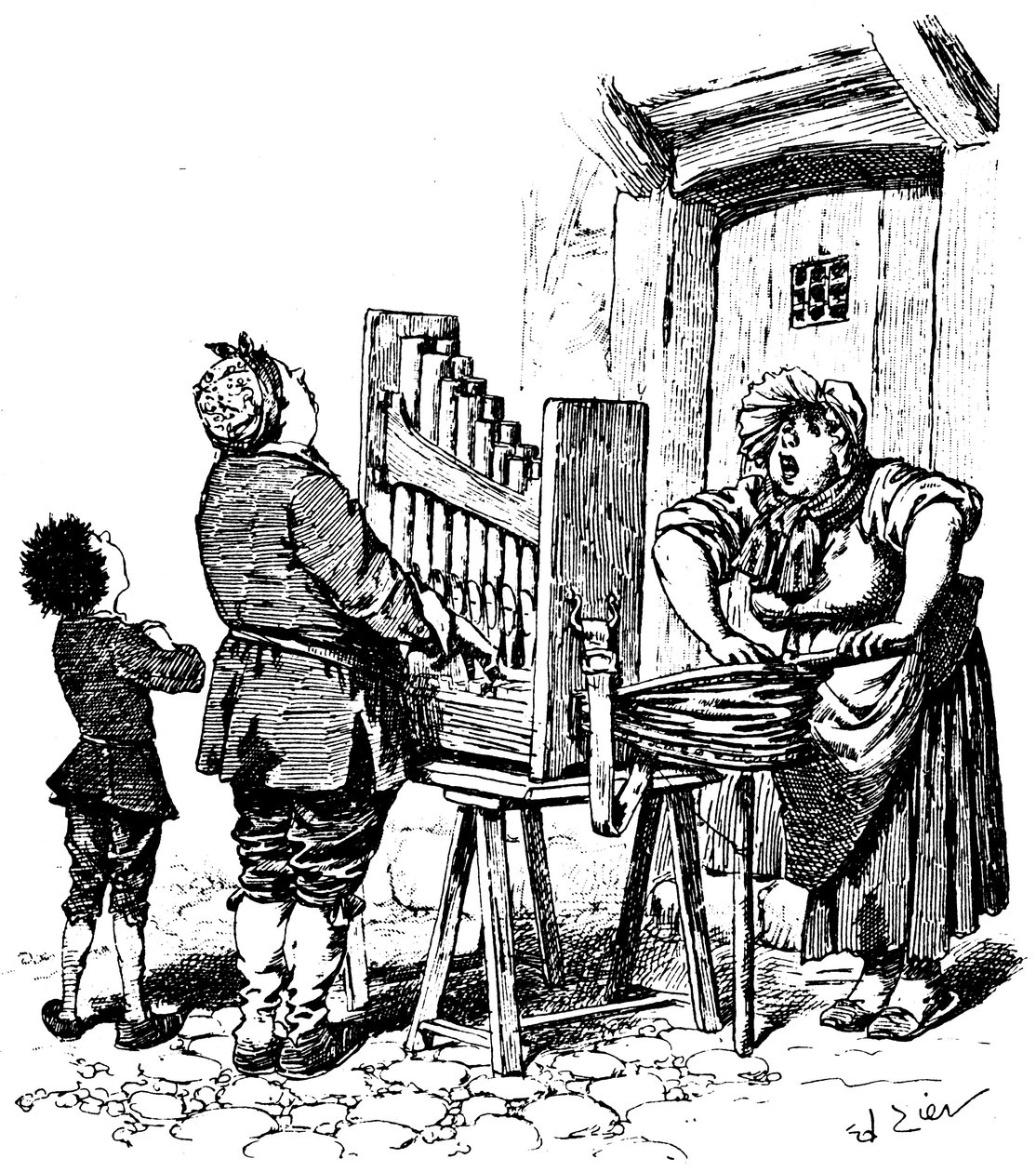 Illustration für Paul Scarrons komischen Roman: Barbarischer Orgelspieler hat auf der Straße gespielt (Gravur). von Francois Edouard Zier