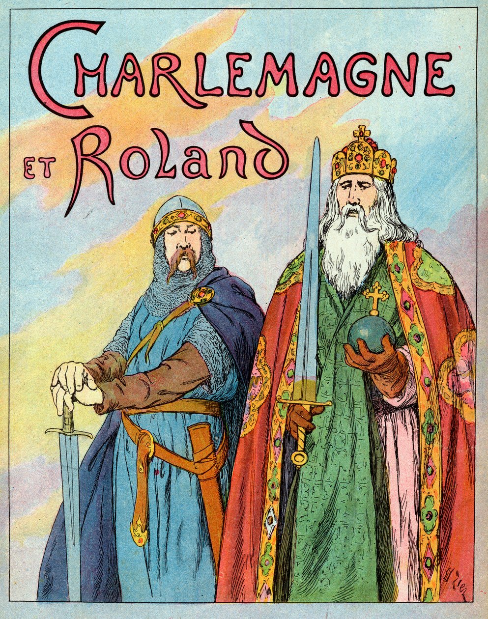 Der fränkische König Karl der Große und der französische Ritter Roland von Roncevaux - Illustration von François Zier (1856-1924) aus „Nos-Gires-Nationales“ um 1920 von Francois Edouard Zier