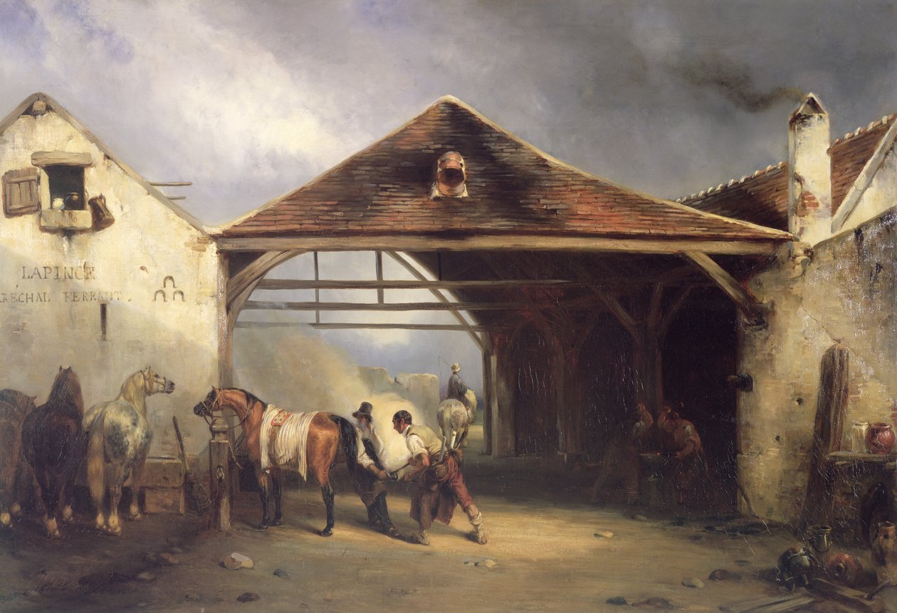 Ein Hufschmied beschlägt ein Pferd von Francois Emile de Lansac