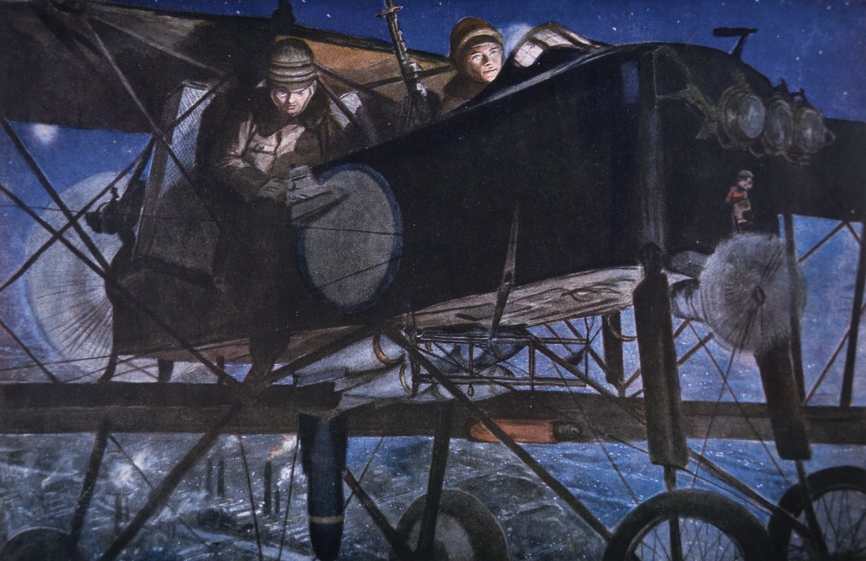Mit dem französischen Luftdienst, ein Nachtbombardement durch ein Voisin-Doppeldecker von Francois Flameng