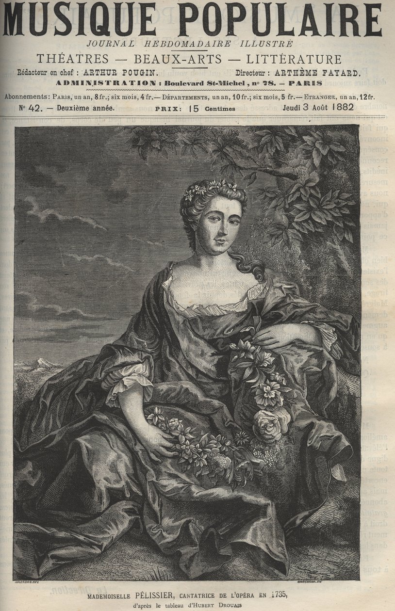 Porträt von Marie Pelissier (oder Pellissier) (1707-1749), französische Opernsängerin - Gravur nach dem Gemälde von Hubert Drouais - Gravur in „Populäre Musik“ illustriertes Wochenblatt - 1882 von Francois Hubert Drouais