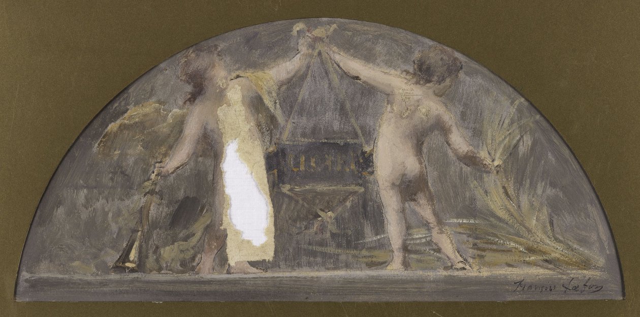 Skizze für den Speisesaal des Hôtel de Ville de Paris, ein Kind hält eine Trompete und das andere ein Bündel und hebt eine große Kiste von Francois Lafon