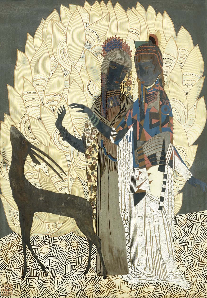 Zwei stilisierte Frauen mit einer Antilope unter Laubwerk von Francois-Louis (after) Schmied