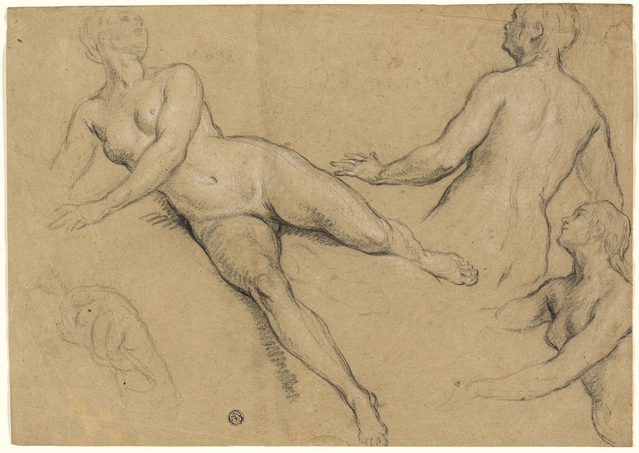 Blatt mit Studien: Drei Frauen und eine Hand (recto); Skizzen von männlichen Akten, Köpfen und Hand (verso) von Francois Marot