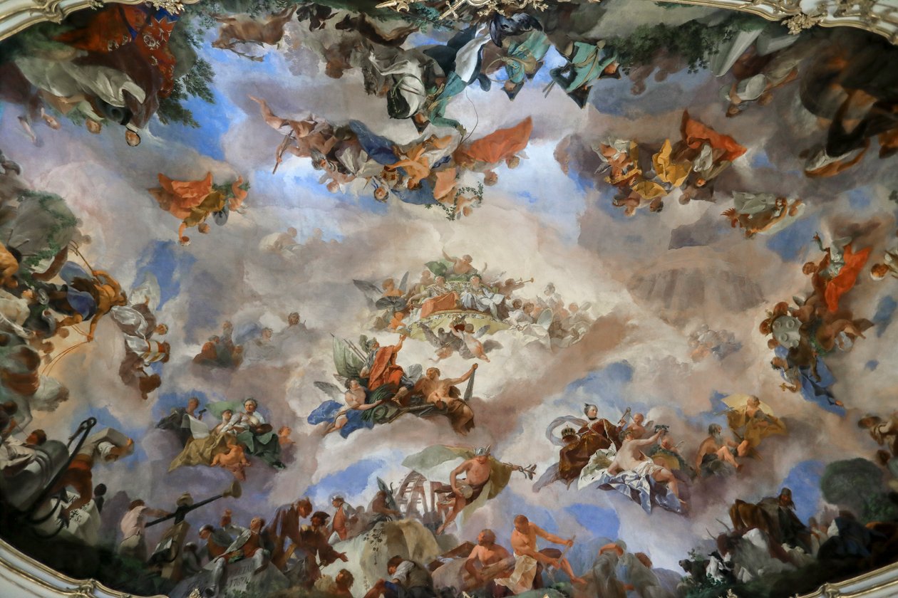 Deckenfresko in der großen Galerie im Schloss Schönbrunn, Allegorie des Wohlstands der österreichischen Monarchie, Wien, Österreich, 2024 von Frank Buffetrille