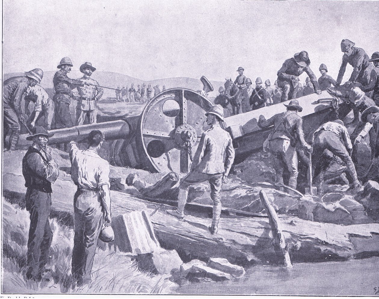 Ein Geschütz über eine schwierige Stelle bringen, Illustration aus After Pretoria: The Guerilla War, 1902 von Frank Dadd
