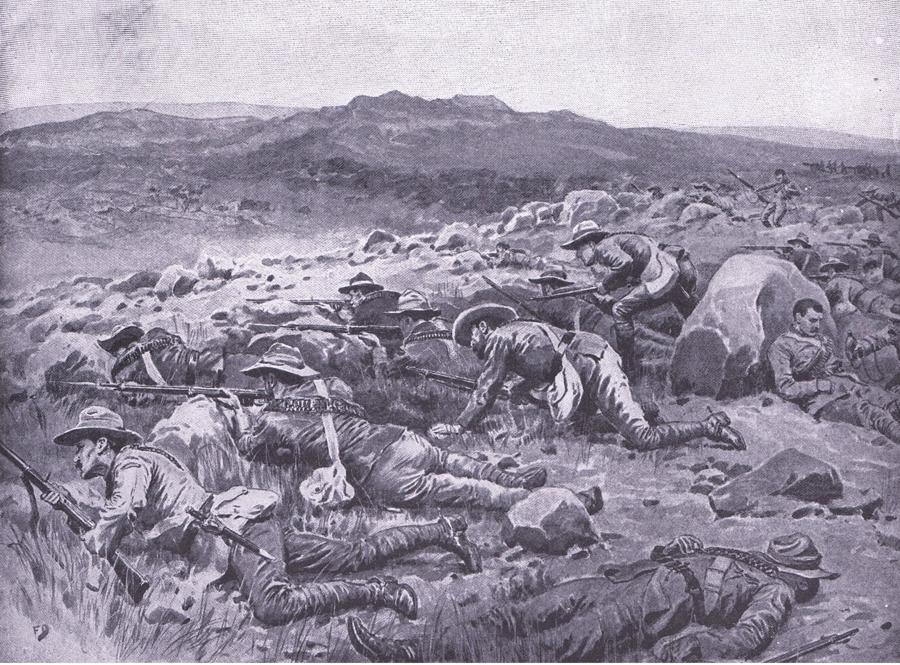 Mit den Queensland Imperial Bushmen bei Rhenoster Kop am 29. November 1900, Illustration aus After Pretoria: The Guerilla War, 1902 von Frank Dadd