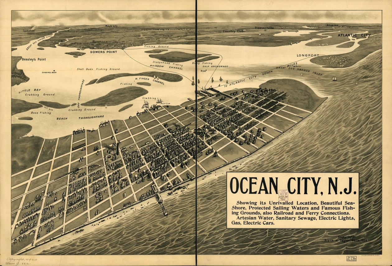 Englisch: Klasse G. XXc. Nr. 4920 U.S. Copyright Office Vogelperspektive bis zum Horizont. Ausgerichtet mit Norden nach oben rechts. Auch über die Website der Library of Congress als Rasterbild verfügbar. LC-Kopie halbiert und auf Stoffrücken montiert von Frank H. Taylor