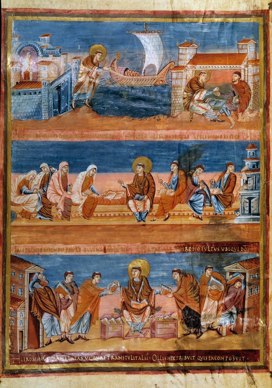 Heiliger Hieronymus verlässt Rom und bezahlt seinen Lehrer in Jerusalem (oben), arbeitet mit seinen Schreibern (Mitte) und verteilt die Vulgata (unten). Miniatur in „Erste Bibel von Karl dem Kahlen, auch bekannt als Bibel von Vivien“ (Folio 3v), 845-846. B von Frankish School