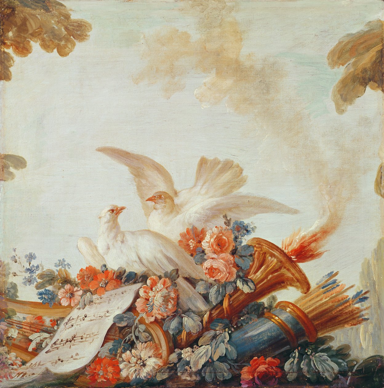 Salon des Druckers Gilles Demarteau, über der Tür: Tauben und Notenblätter von François Boucher
