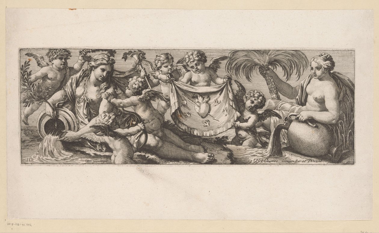 Putto mit brennendem und durchbohrtem Herz bei ein paar Wassernymphen von François Bignon