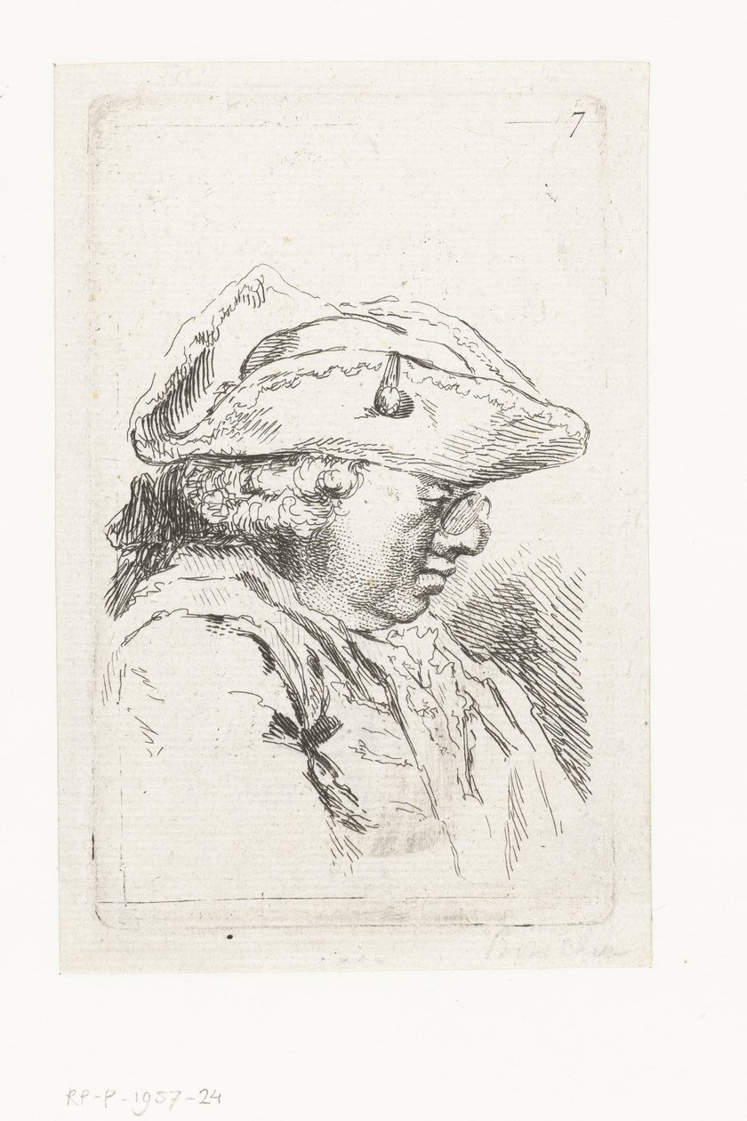 Kopf eines Mannes mit Brille und Dreispitz (Suite von kleinen Genrestücken und Köpfen) von François Boucher