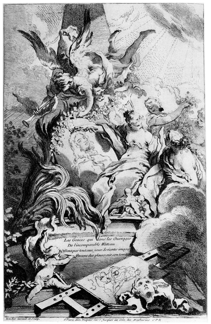 Les Graces am Grab von Watteau, um 1720-1770 von François Boucher