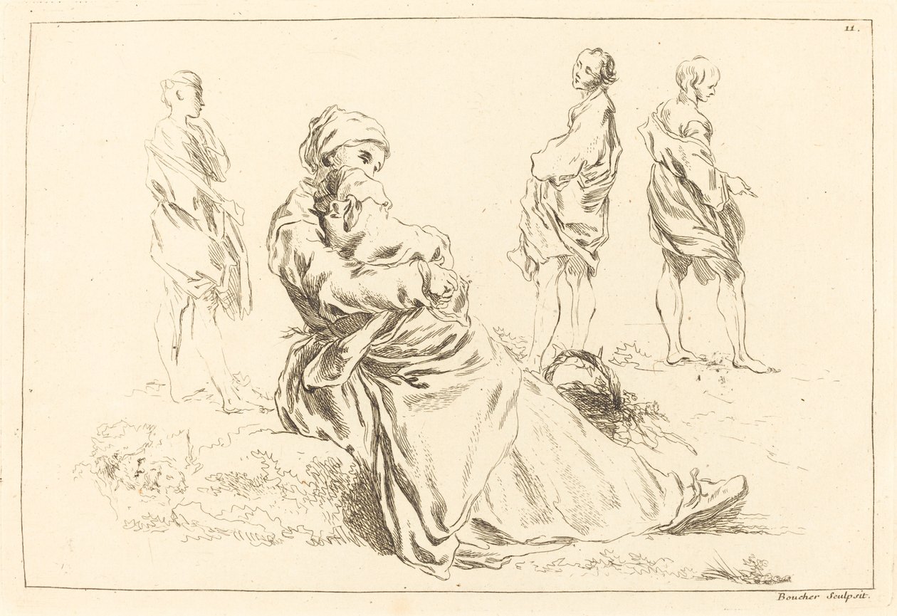 Figurenstudien einschließlich sitzender Mutter mit Kind von François Boucher after Abraham Bloemaert