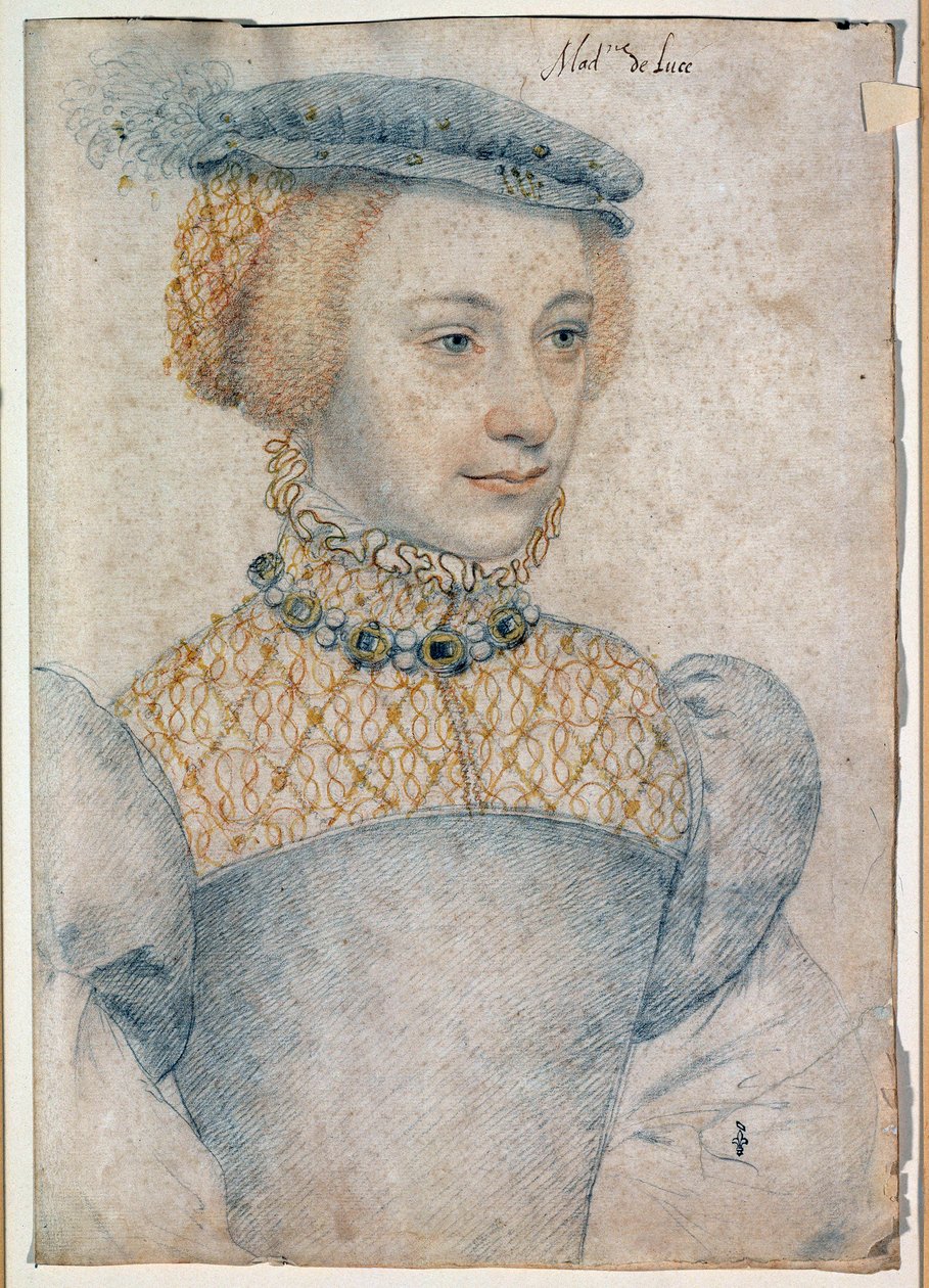 Porträt von Anne de Pisseleu, Ehefrau von Louis de Coesmes, Herr von Lucé (1520 -?). Zeichnung mit schwarzem Stein und Blut von Francois Clouet (1515-1572) von François Clouet