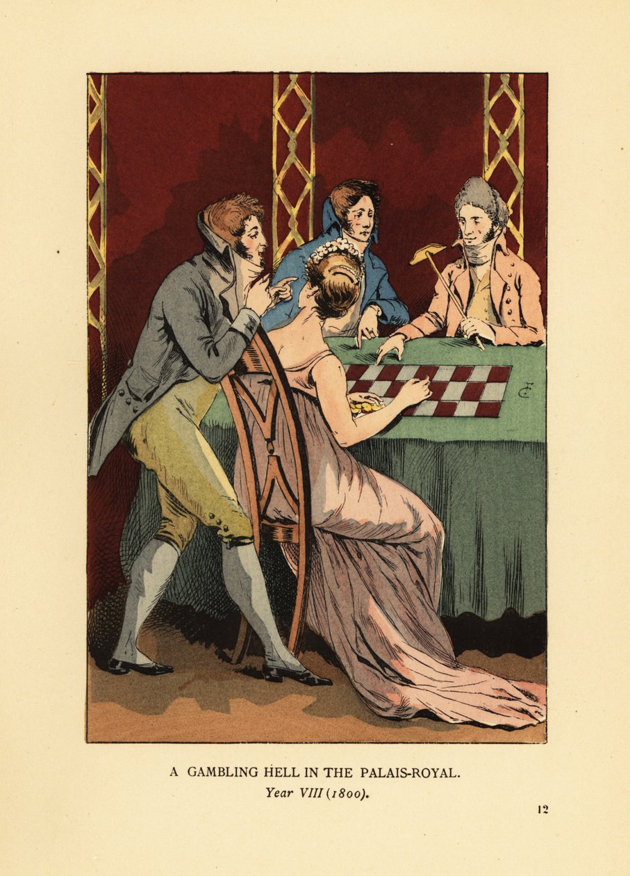 Modische Incroyables in hochgeschlossenen Jacken an einem Spieltisch mit junger Frau und Croupier. Eine Spielhölle im Palais Royal, Jahr VIII von François Courboin