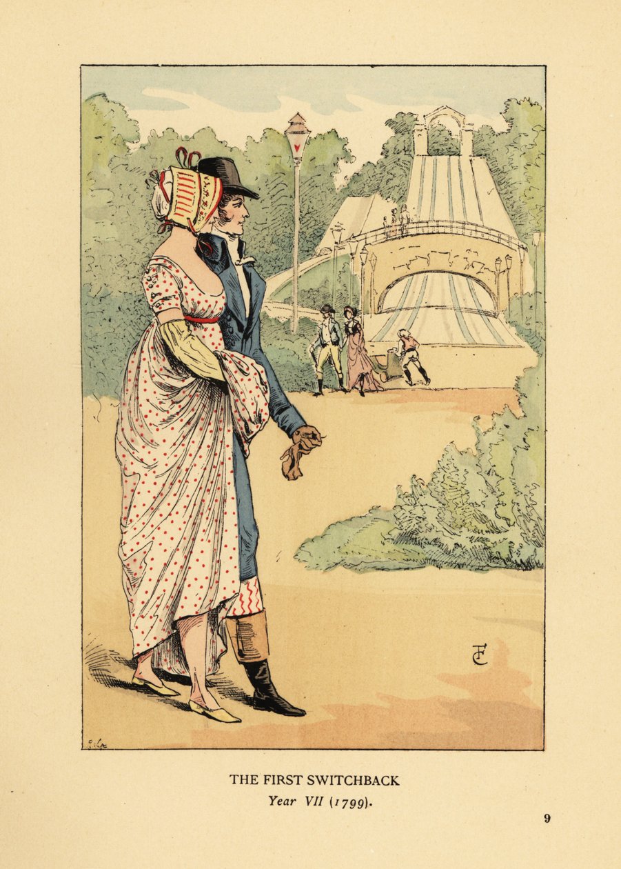 Modisches Paar auf der Achterbahn der Russischen Berge, Les Montagnes Russes in Belleville, gebaut 1812. (Die erste Achterbahn, Jahr VII) von François Courboin