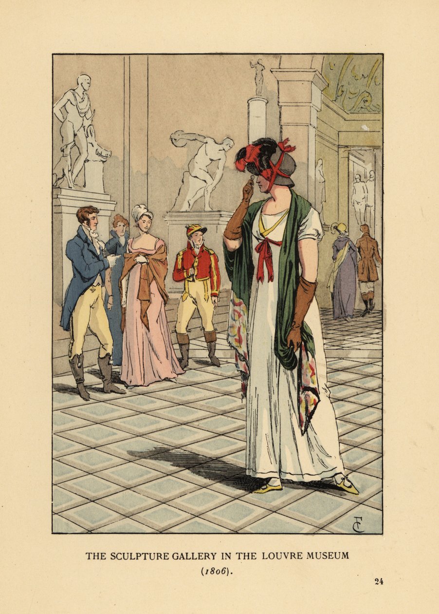 Modische Frau in der Skulpturengalerie im Louvre-Museum von François Courboin