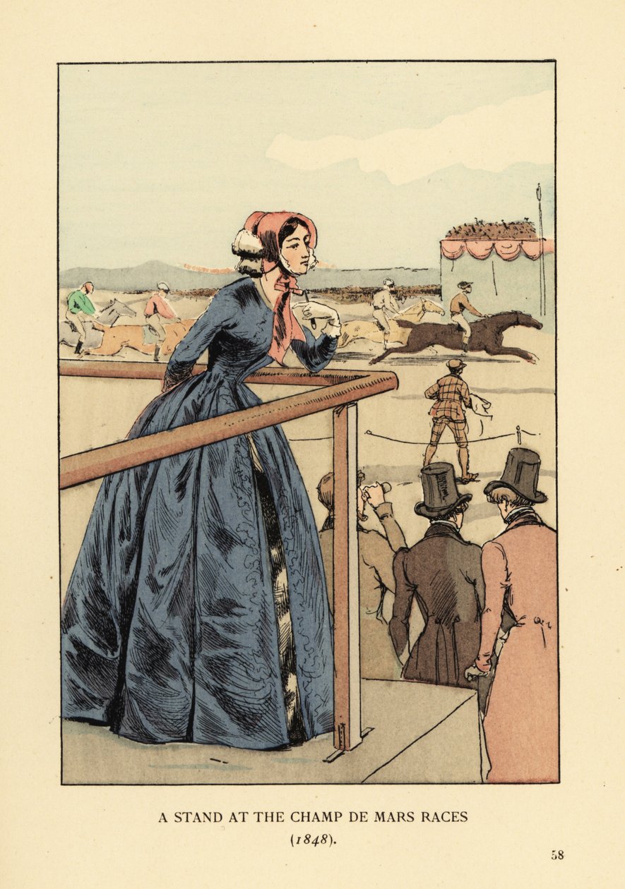 Frau beobachtet das Pferderennen auf der Rennbahn Champ de Mars. Sie trägt eine Haube und einen blauen Redingote über einem Krinolinenkleid. Männer im Zylinder und Frack. Ein Stand bei den Champ de Mars Rennen von François Courboin