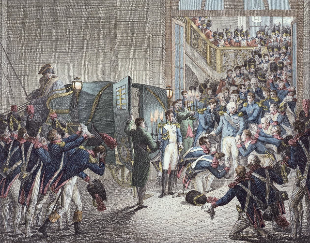 Abreise von Louis XVIII (1755-1824), König von Frankreich und Navarra, aus Les Tuileries, 19. März 1815 (Farbstich) von François Joseph Heim
