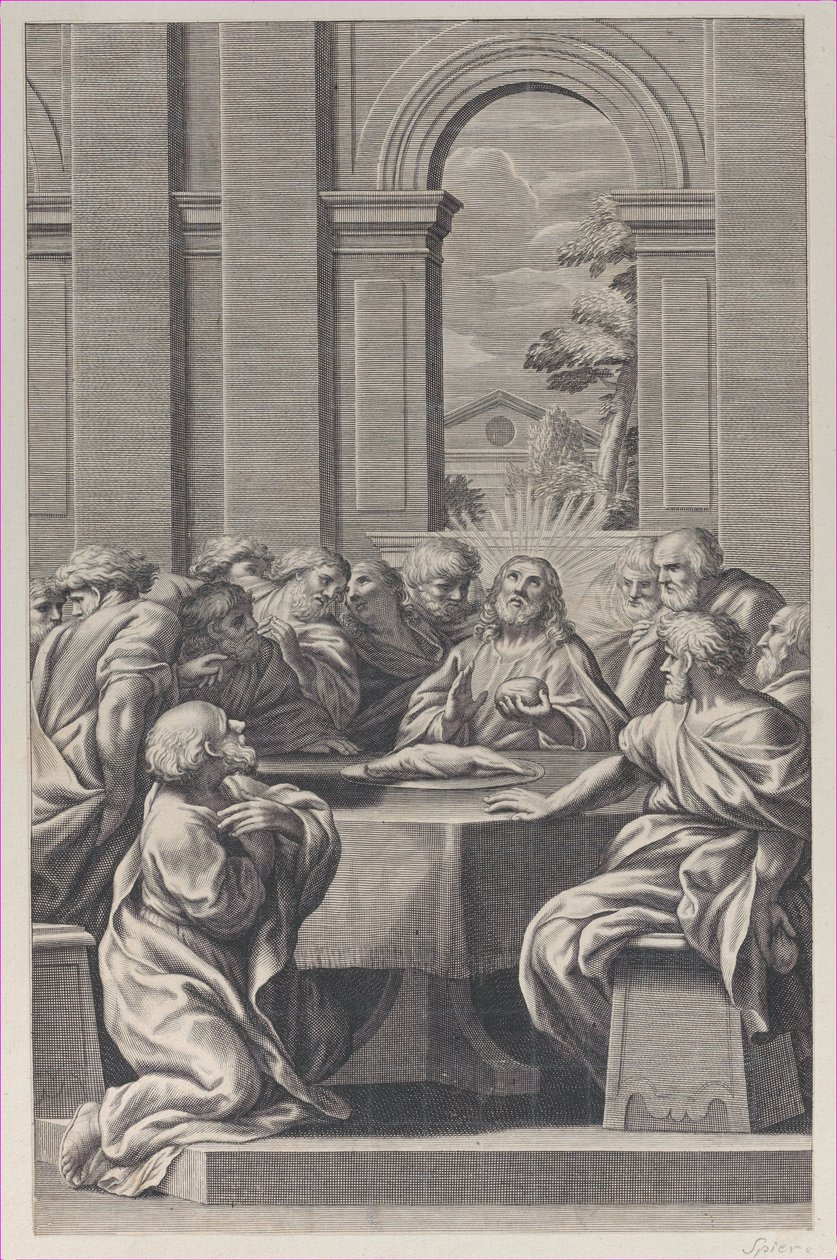 Das letzte Abendmahl, das Innere eines klassischen Gebäudes mit Christus und seinen Aposteln, 1660-81 von François Spierre