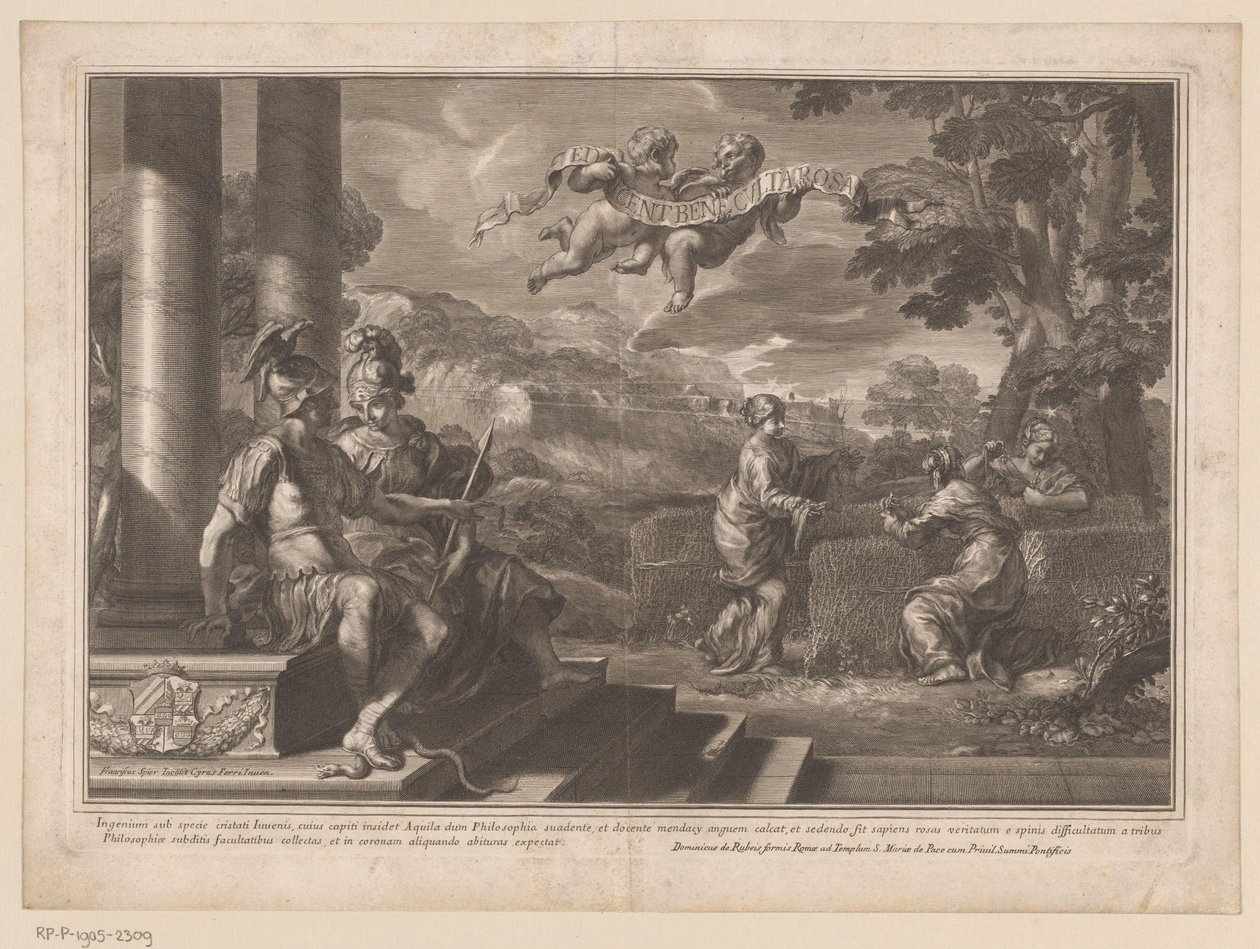 Sitzende Personifikationen von Genie und Philosophie mit Nymphen, die Rosen pflanzen von François Spierre