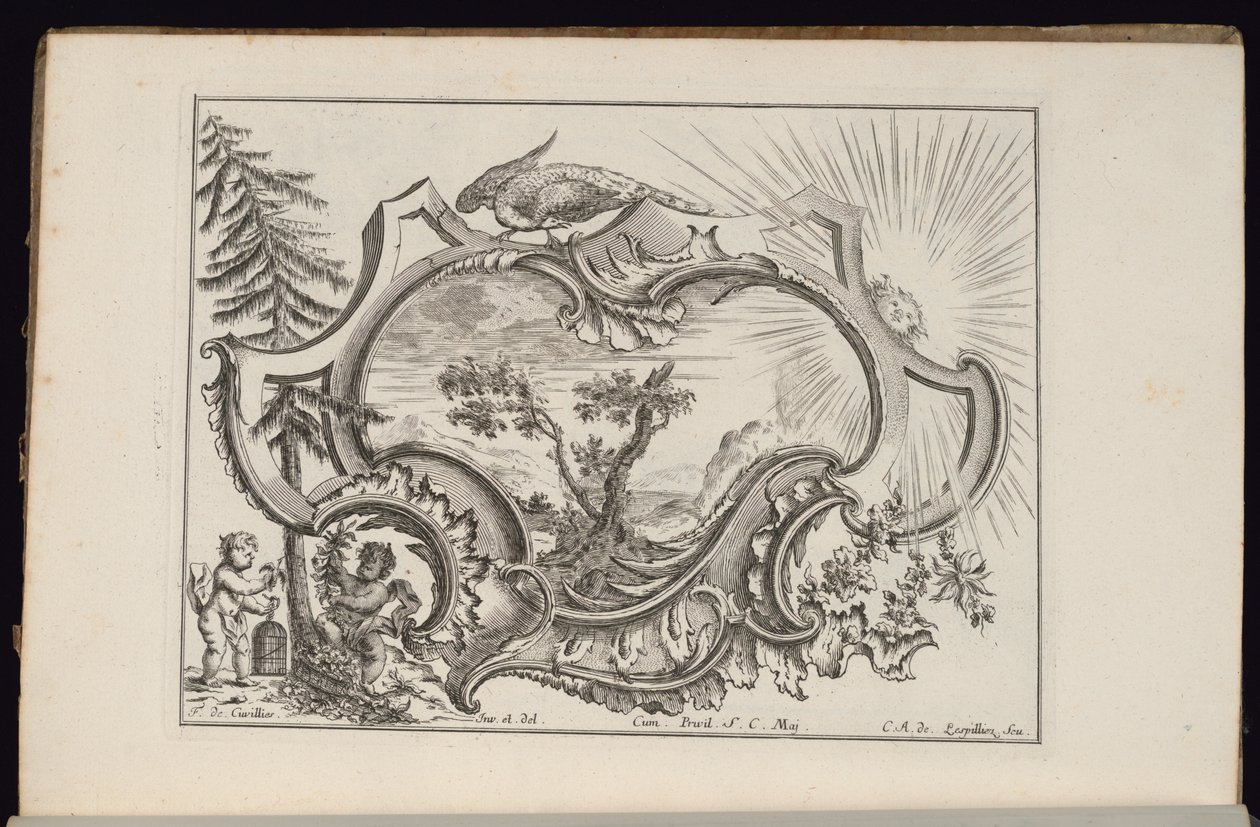 Kartusche mit Vogel und Sonne, Livre de Cartouches Irréguliers (Buch der unregelmäßigen Kartuschen) von François de Cuvilliés the Elder