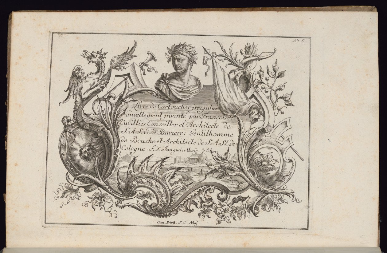 Kartusche mit Porträtbüste, Buch der unregelmäßigen Kartuschen von François de Cuvilliés the Elder