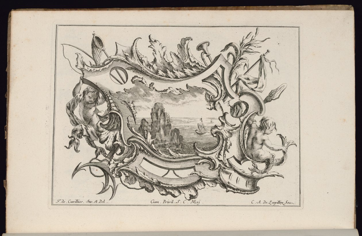 Kartusche mit jungen Tritonen, Livre de Cartouches Irréguliers (Buch der unregelmäßigen Kartuschen) von François de Cuvilliés the Elder