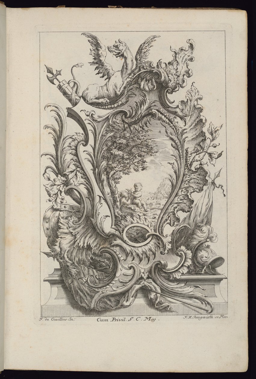 Kartusche mit einem Drachen und einem Wappentrophäe, Livre de Cartouches à divers usages (Buch der Kartuschen für verschiedene Verwendungen) von François de Cuvilliés the Elder