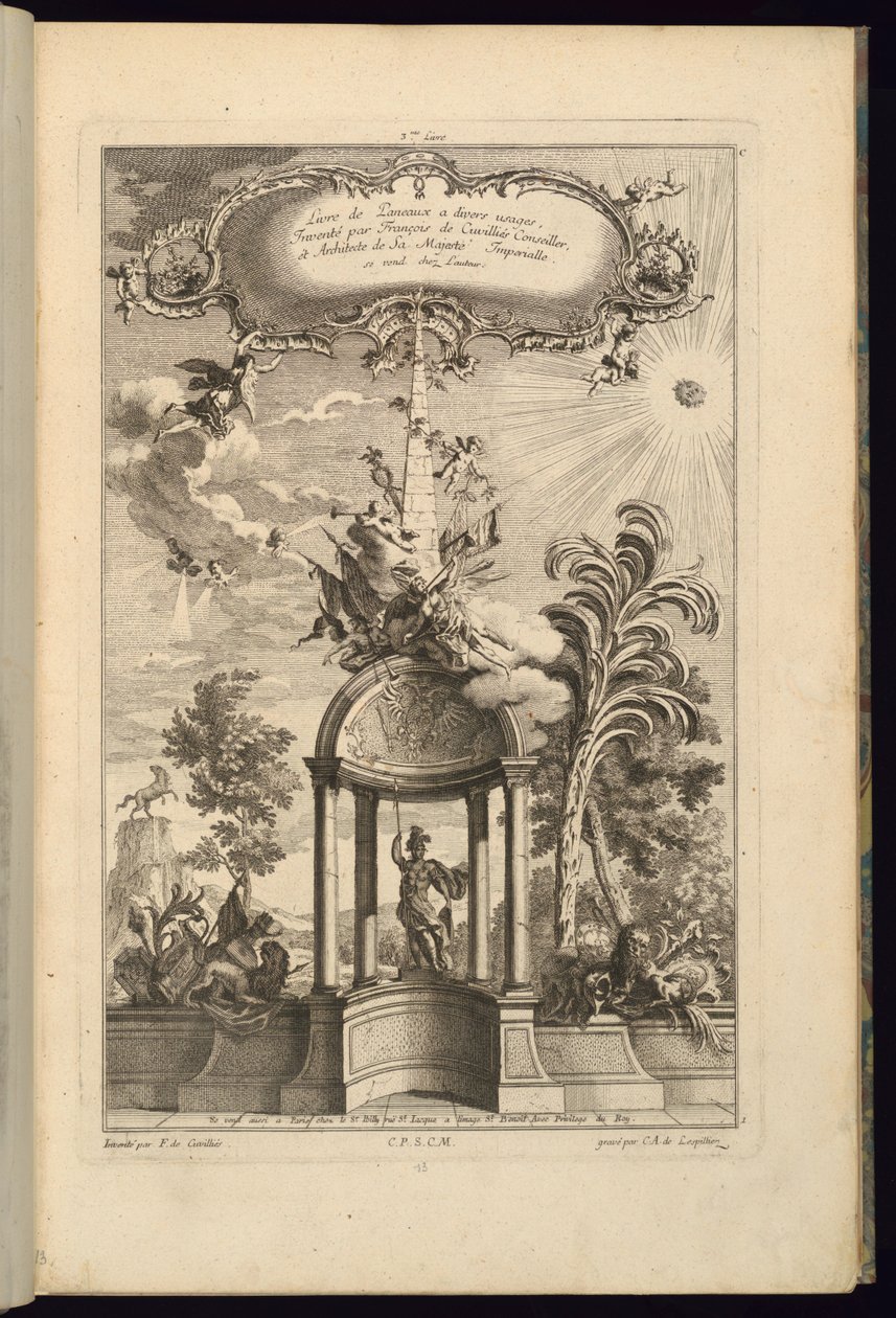 Entwurf für Paneele mit Tempietto mit Minerva, gekrönt von einem Obelisken und Sieg von François de Cuvilliés the Elder