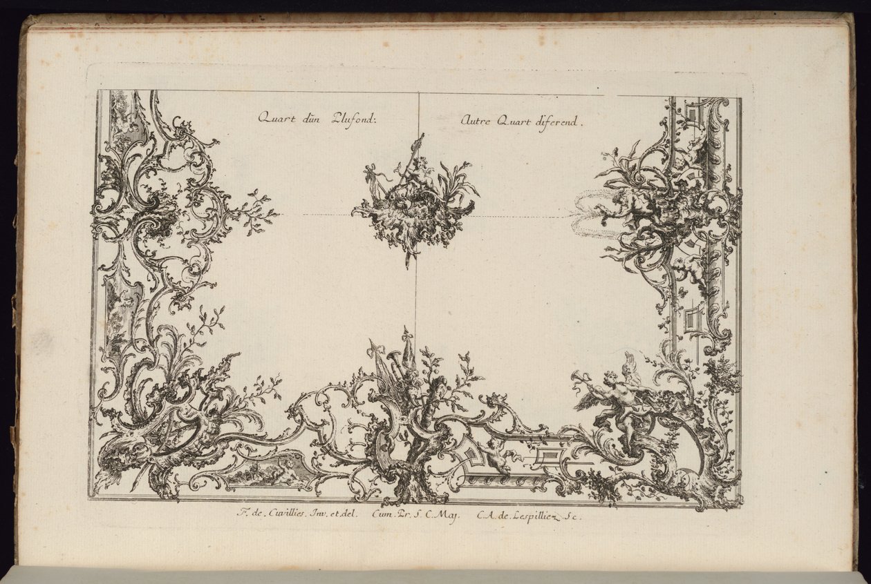 Zwei Viertel einer Decke, Nouveau Livre de Plafonds Irréguliers (Neues Buch der unregelmäßigen Decken) von François de Cuvilliés the Elder