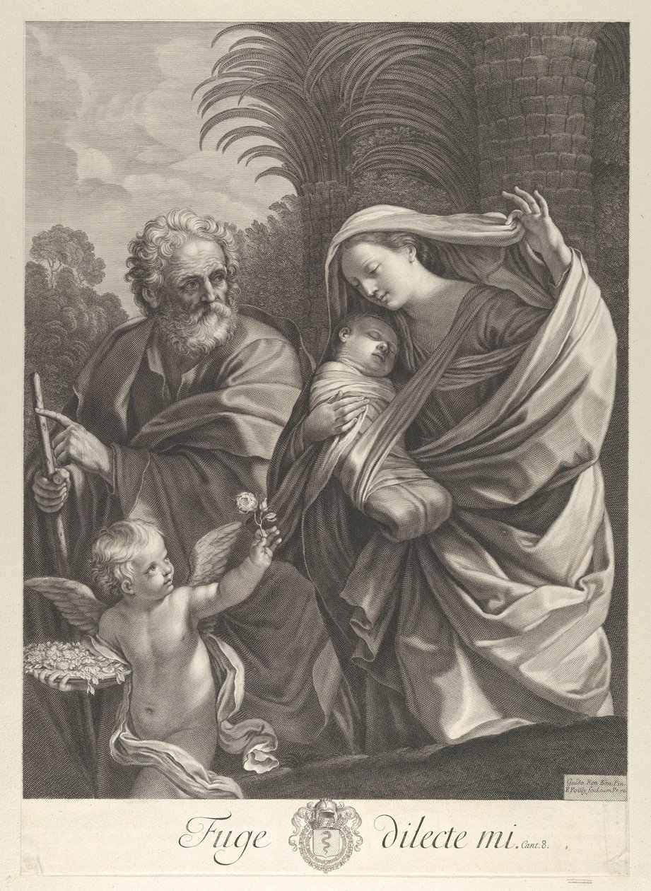 Die Flucht nach Ägypten, die Heilige Familie geht zusammen, Heiliger Josef zeigt auf... von François de Poilly