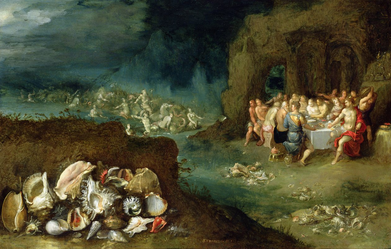 Stillleben mit Muscheln und dem Fest der Götter, ca. 1615