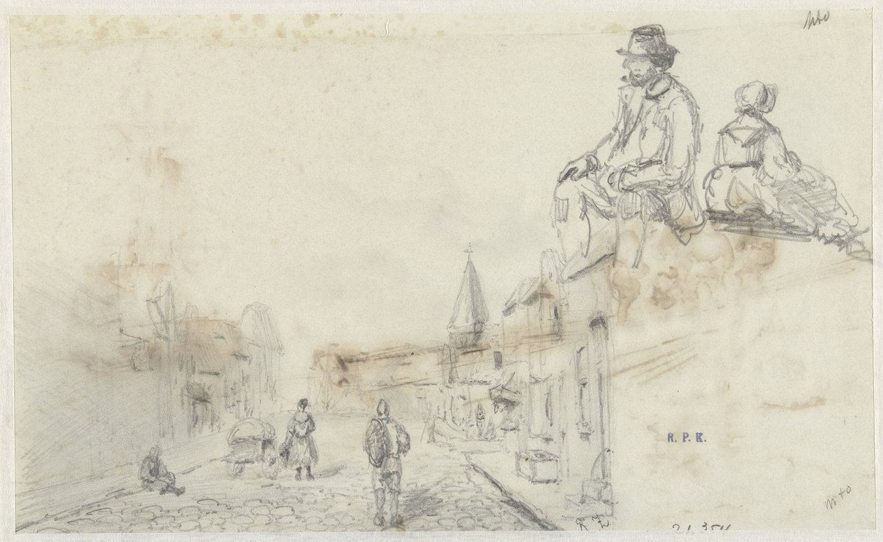 Skizzen einer Straße und zwei sitzender Personen von Frans Arnold Breuhaus de Groot