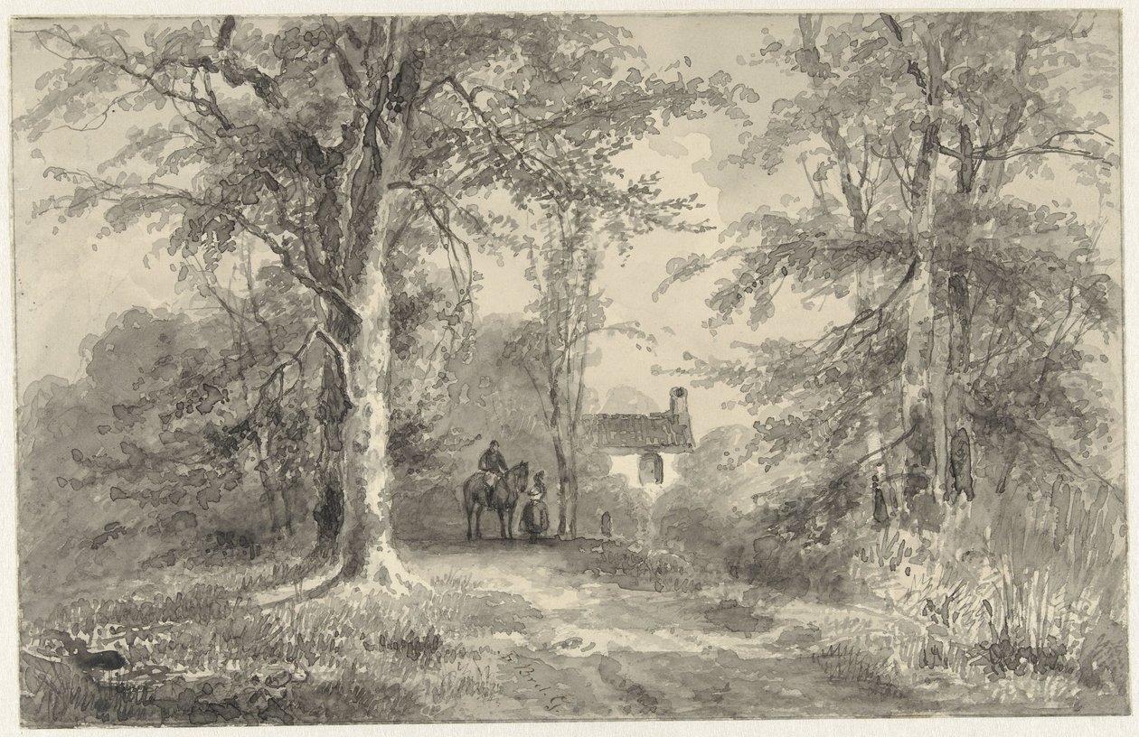 Allee zwischen Bäumen mit Reiter und Frau von Frans Breuhaus de Groot