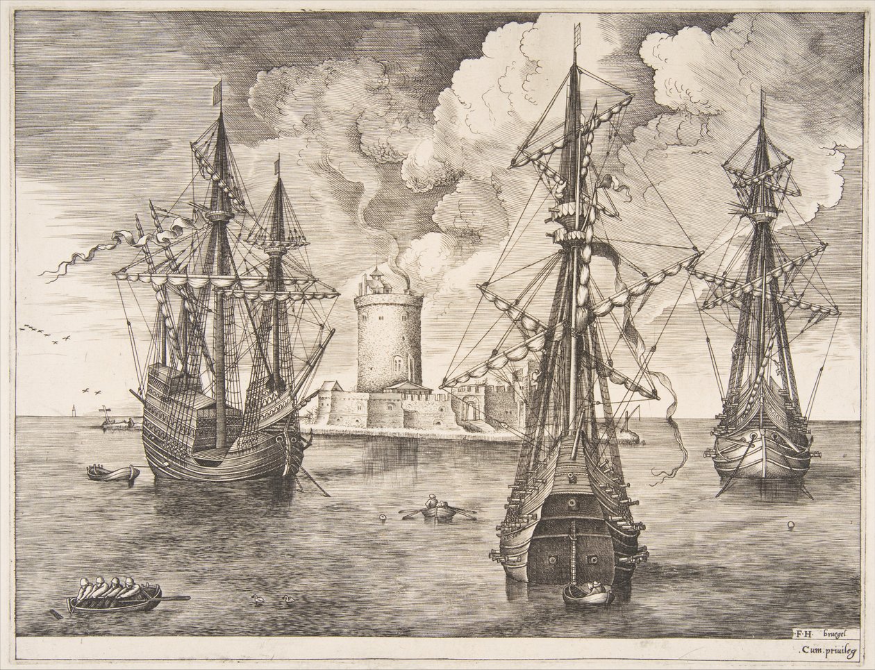 Viermaster und zwei Dreimaster vor einer befestigten Insel, aus The Sailing Ves..., 1561-65 von Frans Huys