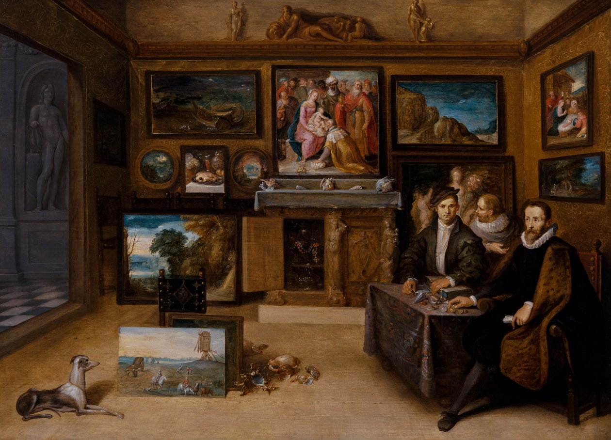 Das Innere eines Sammlerkabinetts mit Justus Lipsius und zwei Conslefhebbers von Frans II the Younger Francken