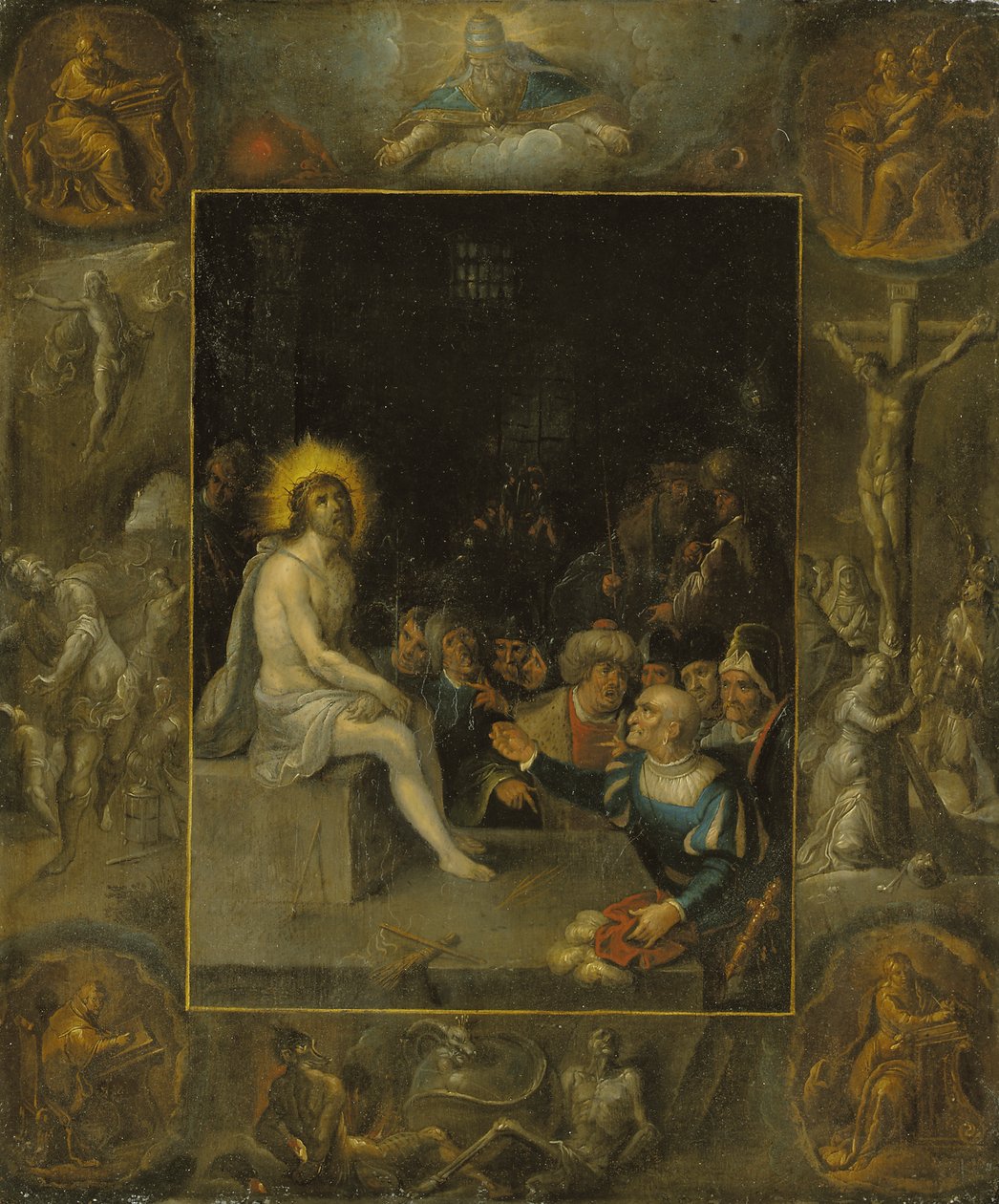 Die Verspottung Christi, in einer Grisaille-Umgebung, die Gott den Vater, die Evangelisten, die Kreuzigung, die Auferstehung und den Teufel und den Tod mit der gekrönten Schlange darstellt von Frans II the Younger Francken