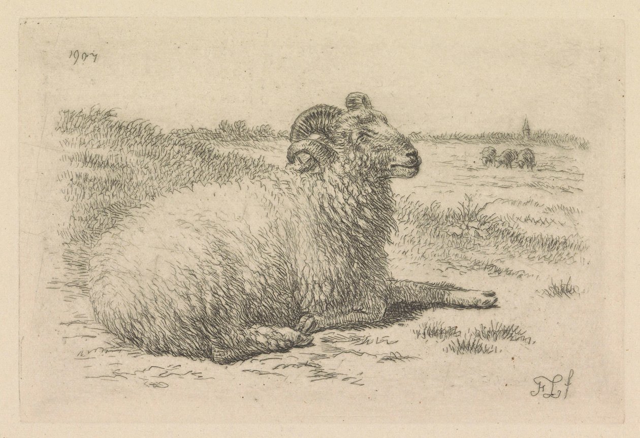 Liegender Widder auf einer Wiese von Frans Lebret