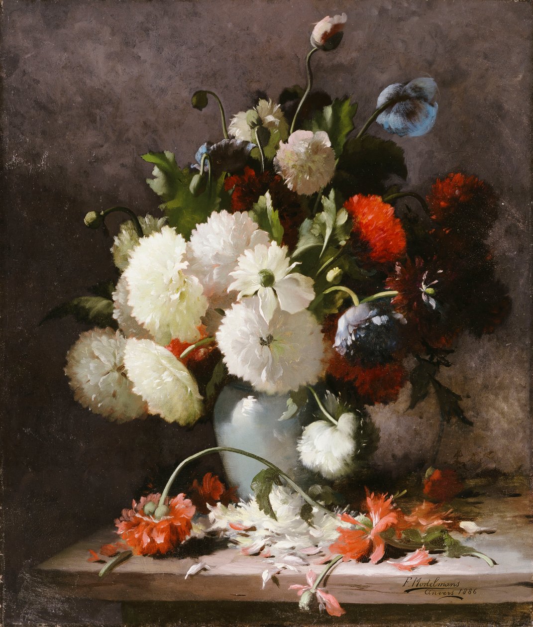Pfingstrosen auf einer Steinplatte von Frans Mortelmans