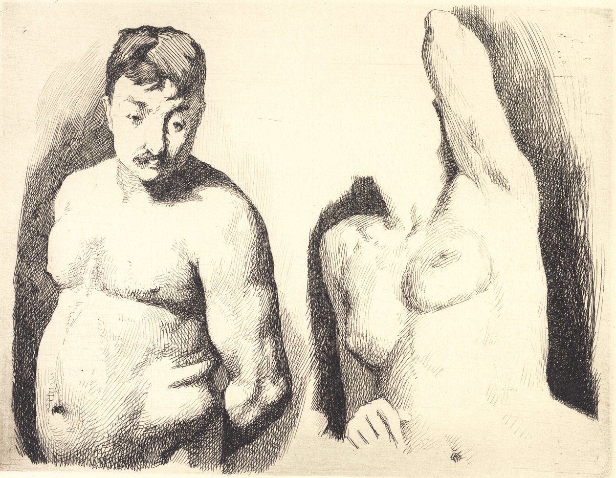 Probenplatte mit zwei Studien nach nacktem männlichen und weiblichen Modell in Halbfigur von Frans Schwartz